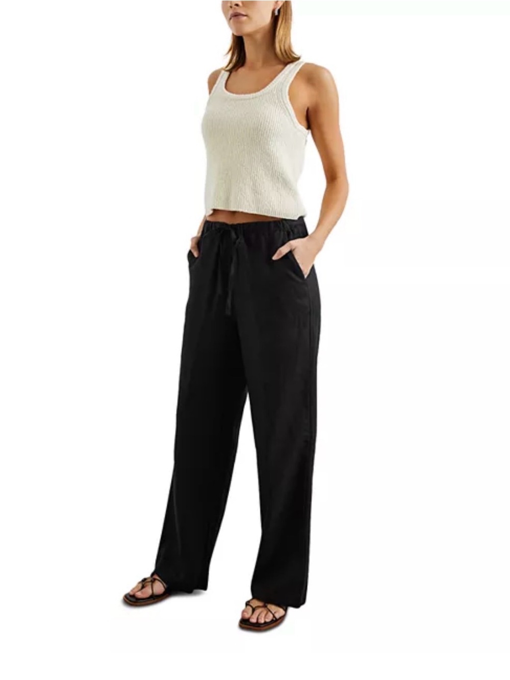 Anthropologie, Black Wide-Leg Linen Drawstring Pants, Black, L - Picture 3 of 7
